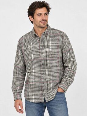 90s Eddie Bauer Mens Medium Plaid Button-Up Shirt Beige Black Heavy Cotton Prepp